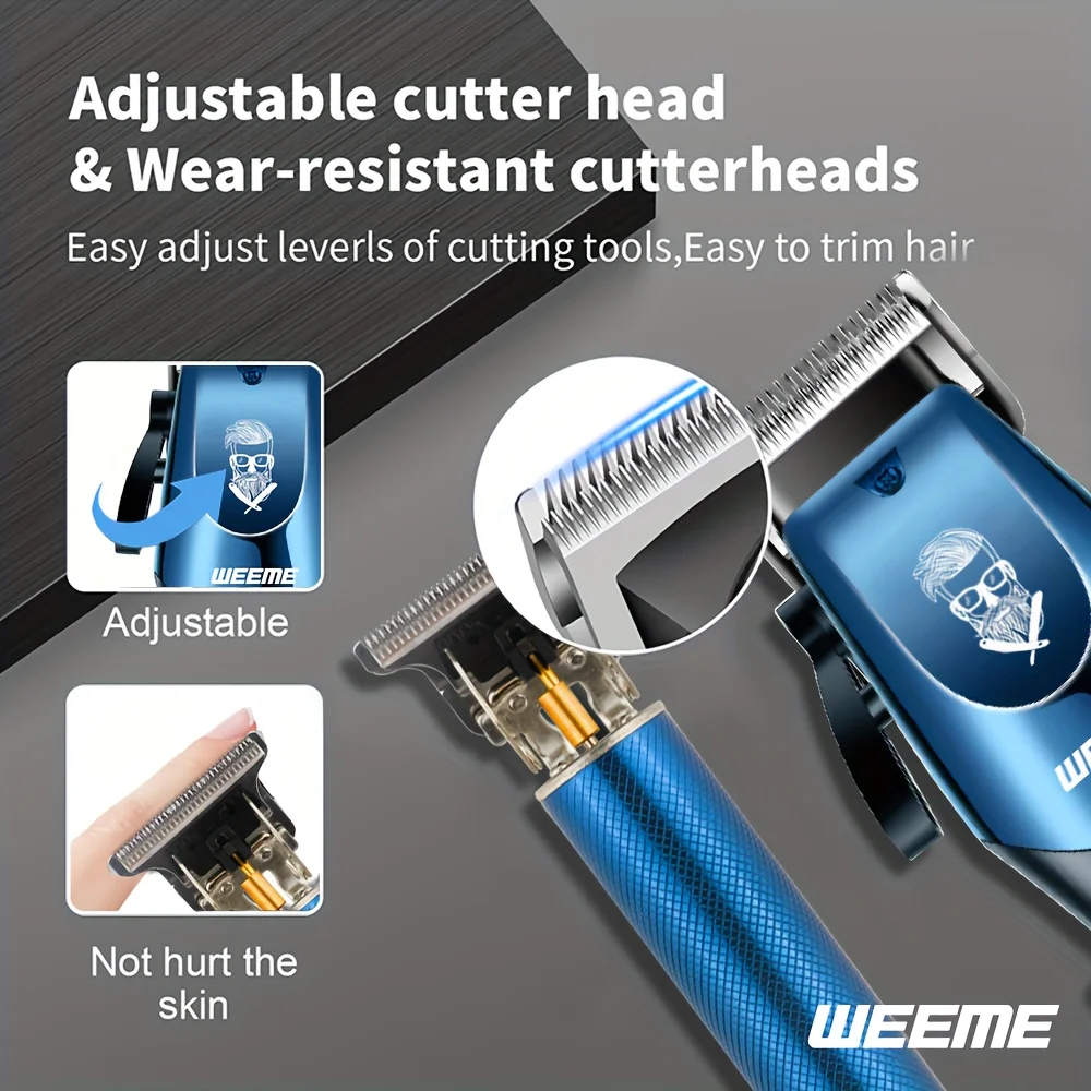 4-Piece Men's Professional Blue Hair Clipper Set, Cordless Trimmer with LED Display, Includes Razor Head and Nose Trimmer, Perfe