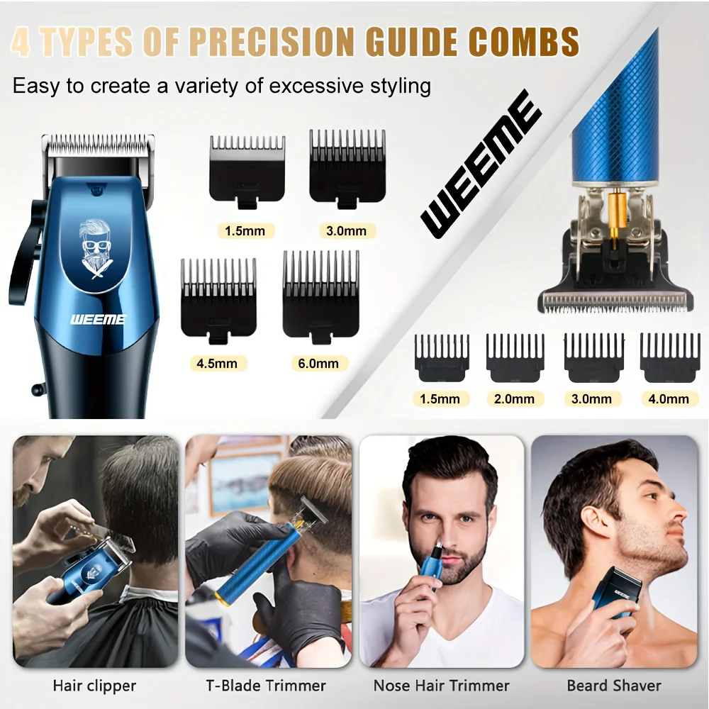 4-Piece Men's Professional Blue Hair Clipper Set, Cordless Trimmer with LED Display, Includes Razor Head and Nose Trimmer, Perfe