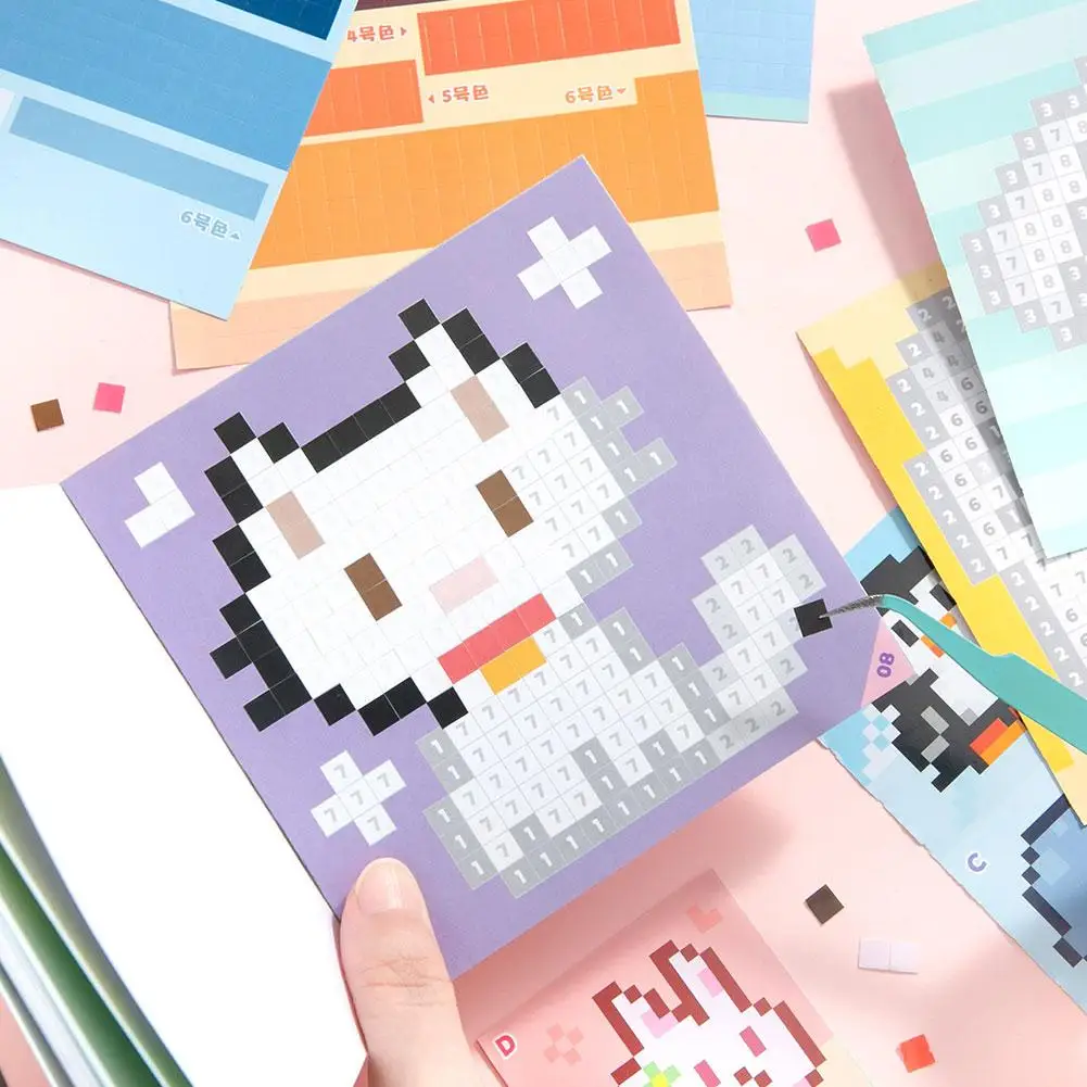 Pixel Art Sticker Book DIY Animal Puzzle Mosaic Craft Educational Toy Kids 23 Sheets Activity Game Cartoon Cute Gift Supplies