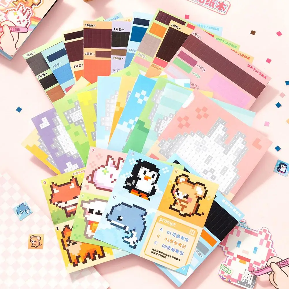 Pixel Art Sticker Book DIY Animal Puzzle Mosaic Craft Educational Toy Kids 23 Sheets Activity Game Cartoon Cute Gift Supplies