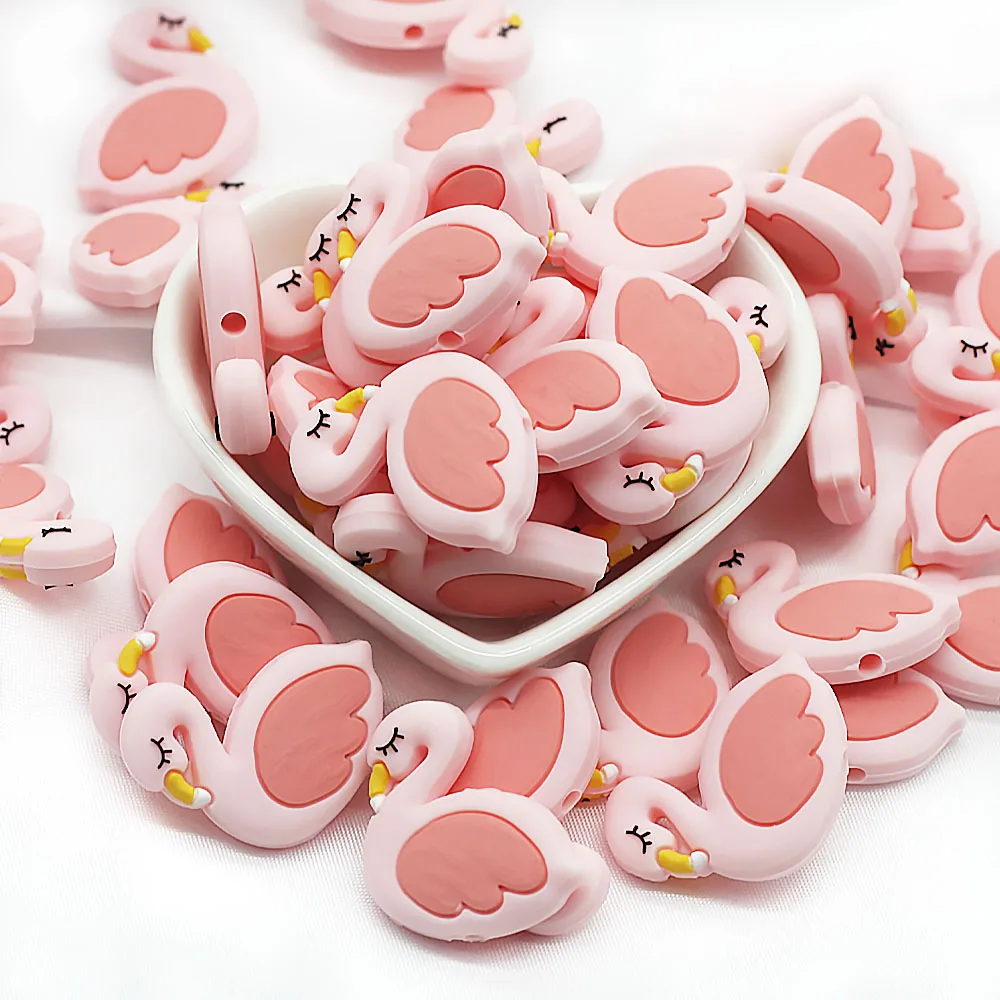 Cute-Idea 10PCs Silicone Mini Flamingo Beads Teething Chewable Pacifier Chain Handmade Accessories DIY Teether Baby Product