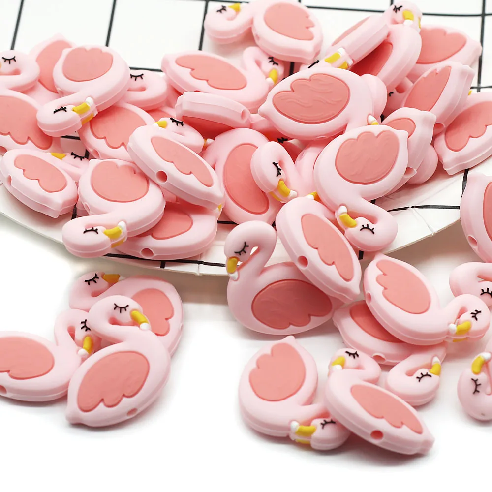 Cute-Idea 10PCs Silicone Mini Flamingo Beads Teething Chewable Pacifier Chain Handmade Accessories DIY Teether Baby Product