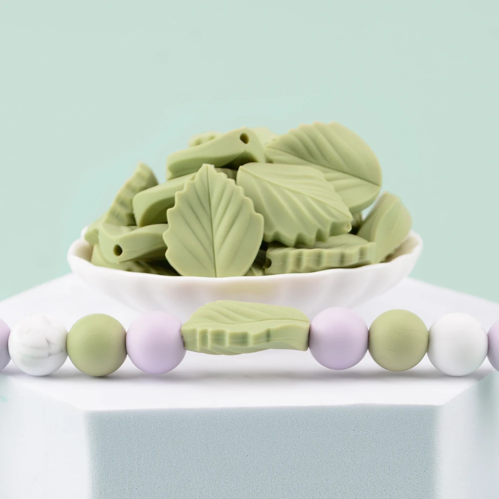 LOFCA 10PCS Leaf Baby Teething Silicone Beads Leaves DIY Food Grade Silicone Toy BPA Free Chew Nurse Gift Teethers Accessories