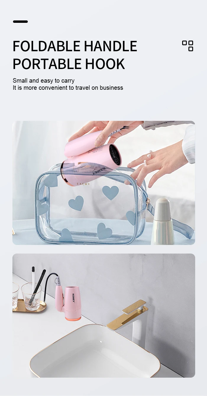 Kemei Portable Handle Compact Hair Dryer Foldable Low Noise Blower Dryer Hot Wind Long Life for Outdoor Travel 950W Student Use