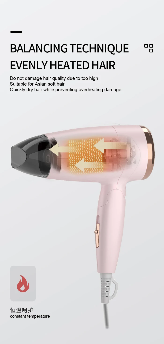 Kemei Portable Handle Compact Hair Dryer Foldable Low Noise Blower Dryer Hot Wind Long Life for Outdoor Travel 950W Student Use