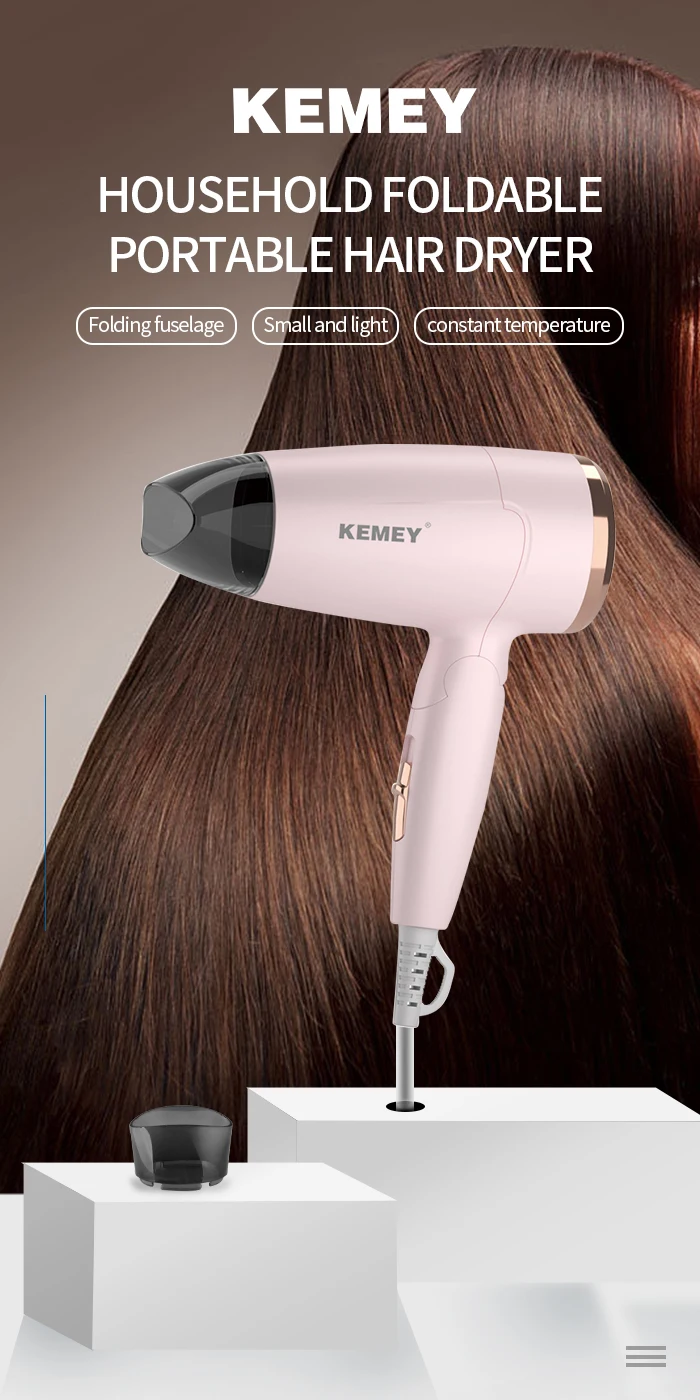 Kemei Portable Handle Compact Hair Dryer Foldable Low Noise Blower Dryer Hot Wind Long Life for Outdoor Travel 950W Student Use