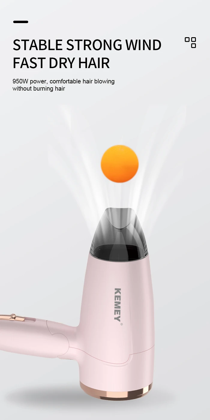 Kemei Portable Handle Compact Hair Dryer Foldable Low Noise Blower Dryer Hot Wind Long Life for Outdoor Travel 950W Student Use