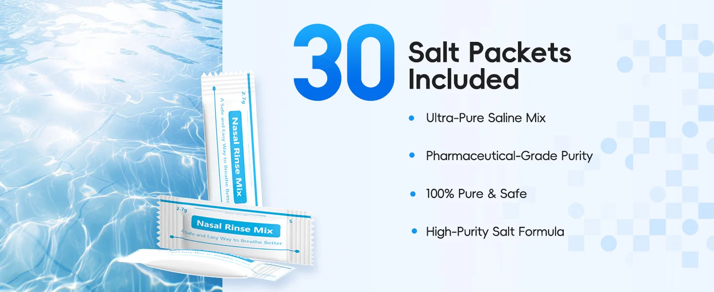 Electric Nasal Rinse Irrigation Self-Cleaning with Auto Waste Collection, 30 Salt Packets for Sinus Discomfort Relief