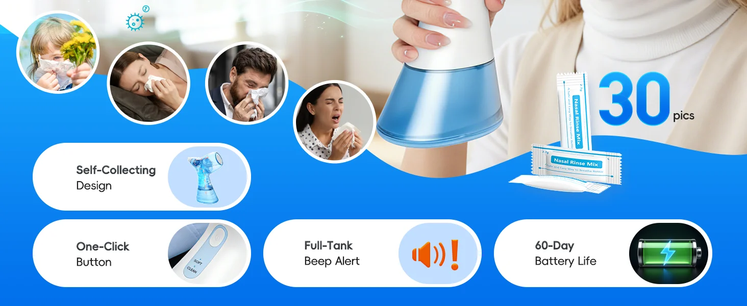 Electric Nasal Rinse Irrigation Self-Cleaning with Auto Waste Collection, 30 Salt Packets for Sinus Discomfort Relief
