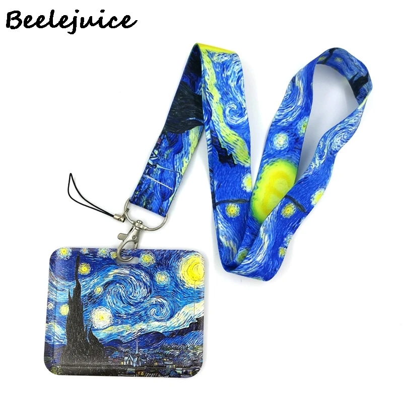 Art Van gogh Oil Painting Starry Sky ID Retractable Badge Holder Reel ID Badge Holder Clip Key Ring ID Card Keychain Nurse Work