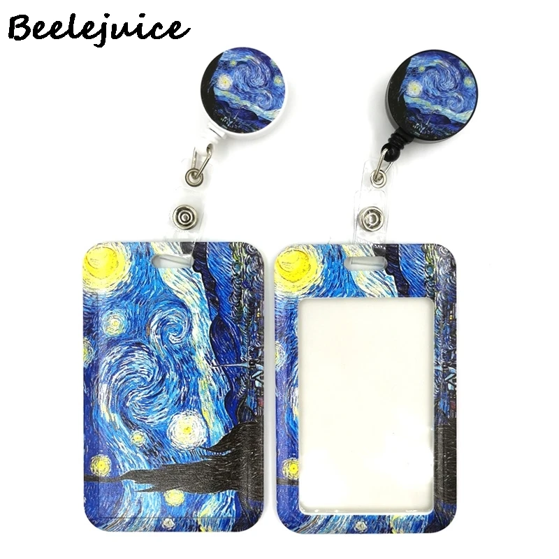 Art Van gogh Oil Painting Starry Sky ID Retractable Badge Holder Reel ID Badge Holder Clip Key Ring ID Card Keychain Nurse Work