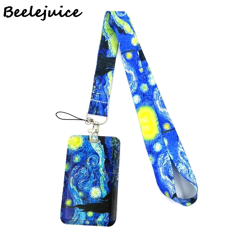 Art Van gogh Oil Painting Starry Sky ID Retractable Badge Holder Reel ID Badge Holder Clip Key Ring ID Card Keychain Nurse Work