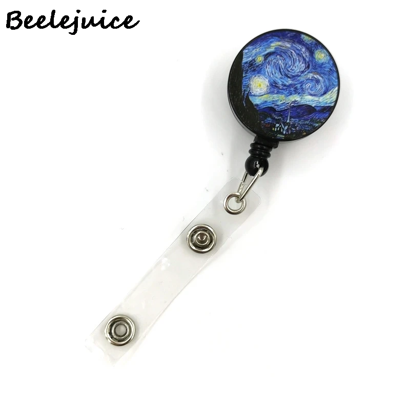 Art Van gogh Oil Painting Starry Sky ID Retractable Badge Holder Reel ID Badge Holder Clip Key Ring ID Card Keychain Nurse Work