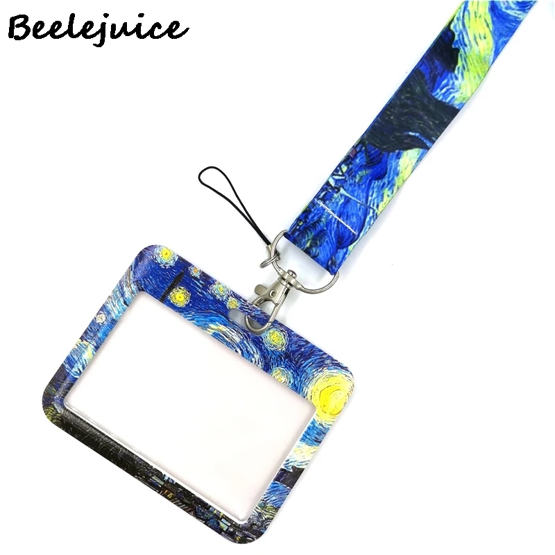 Art Van gogh Oil Painting Starry Sky ID Retractable Badge Holder Reel ID Badge Holder Clip Key Ring ID Card Keychain Nurse Work