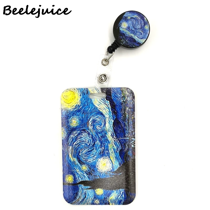 Art Van gogh Oil Painting Starry Sky ID Retractable Badge Holder Reel ID Badge Holder Clip Key Ring ID Card Keychain Nurse Work