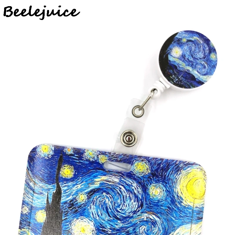 Art Van gogh Oil Painting Starry Sky ID Retractable Badge Holder Reel ID Badge Holder Clip Key Ring ID Card Keychain Nurse Work