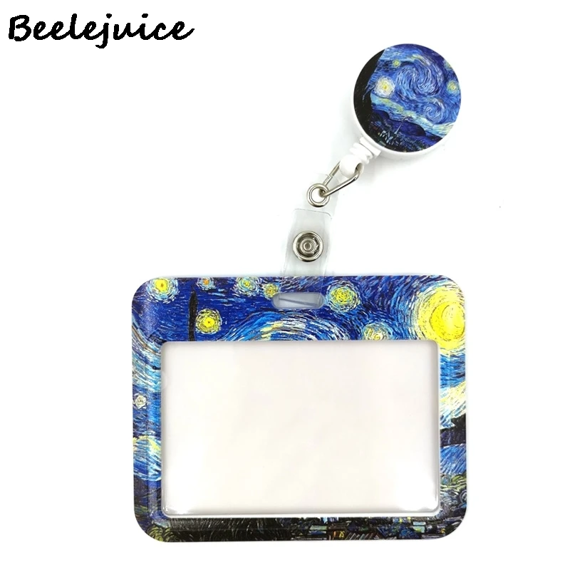 Art Van gogh Oil Painting Starry Sky ID Retractable Badge Holder Reel ID Badge Holder Clip Key Ring ID Card Keychain Nurse Work