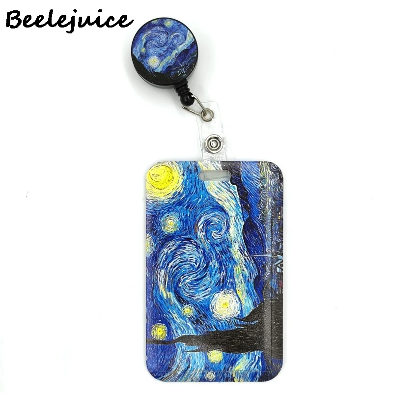 Art Van gogh Oil Painting Starry Sky ID Retractable Badge Holder Reel ID Badge Holder Clip Key Ring ID Card Keychain Nurse Work
