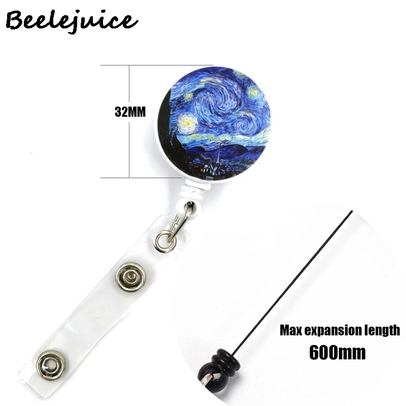 Art Van gogh Oil Painting Starry Sky ID Retractable Badge Holder Reel ID Badge Holder Clip Key Ring ID Card Keychain Nurse Work