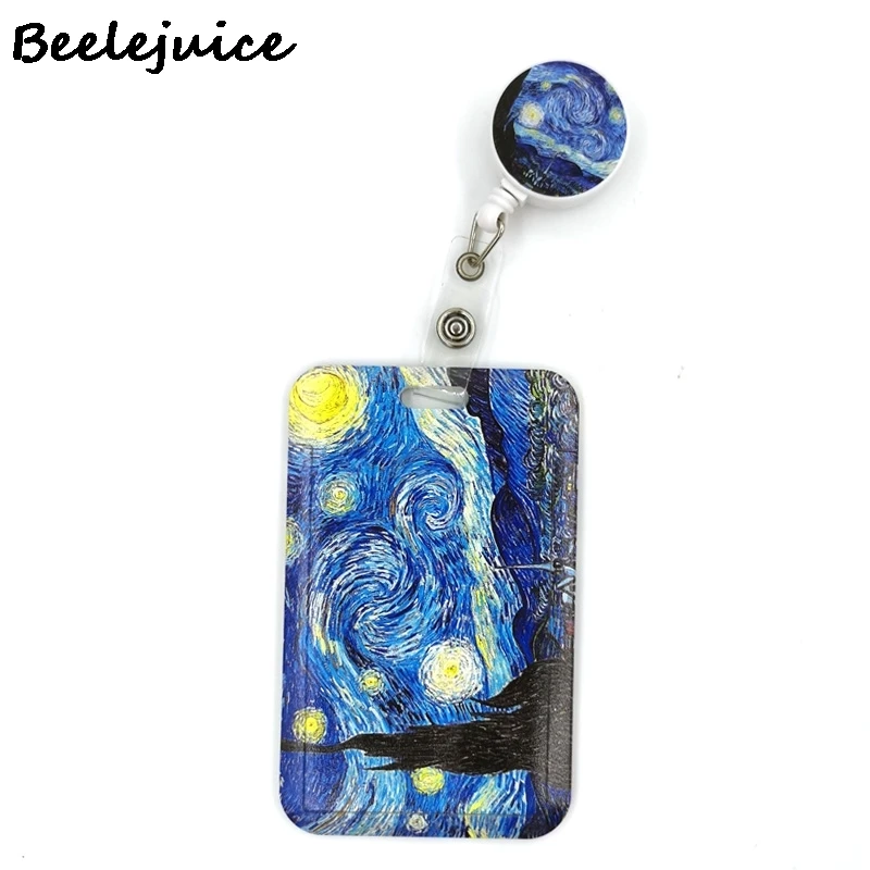 Art Van gogh Oil Painting Starry Sky ID Retractable Badge Holder Reel ID Badge Holder Clip Key Ring ID Card Keychain Nurse Work