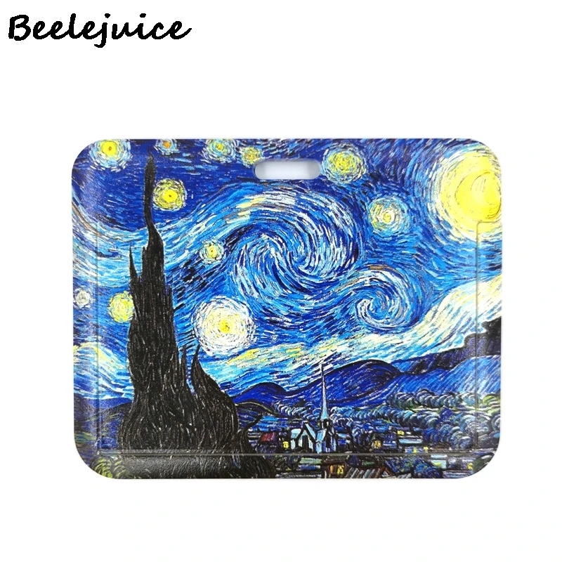 Art Van gogh Oil Painting Starry Sky ID Retractable Badge Holder Reel ID Badge Holder Clip Key Ring ID Card Keychain Nurse Work