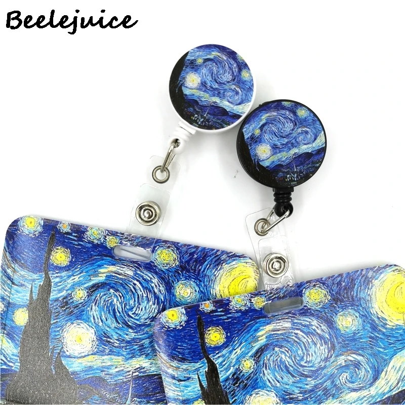 Art Van gogh Oil Painting Starry Sky ID Retractable Badge Holder Reel ID Badge Holder Clip Key Ring ID Card Keychain Nurse Work
