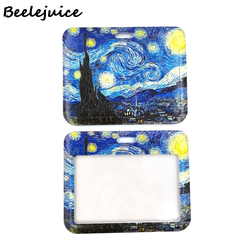 Art Van gogh Oil Painting Starry Sky ID Retractable Badge Holder Reel ID Badge Holder Clip Key Ring ID Card Keychain Nurse Work