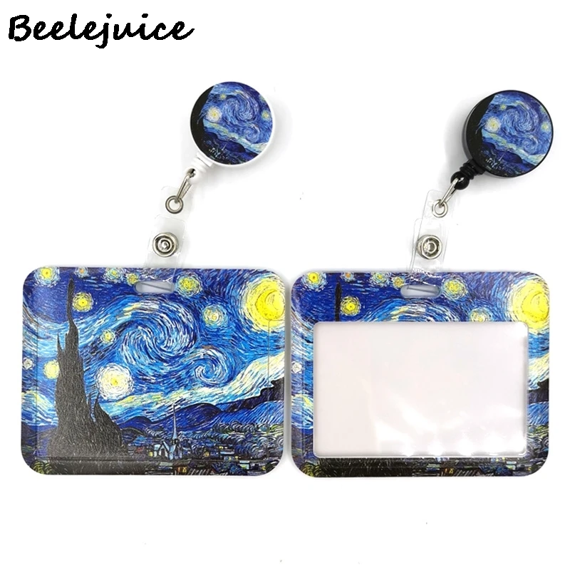 Art Van gogh Oil Painting Starry Sky ID Retractable Badge Holder Reel ID Badge Holder Clip Key Ring ID Card Keychain Nurse Work