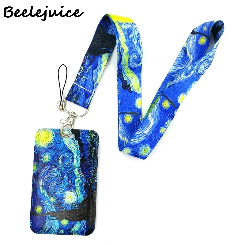 Art Van gogh Oil Painting Starry Sky ID Retractable Badge Holder Reel ID Badge Holder Clip Key Ring ID Card Keychain Nurse Work