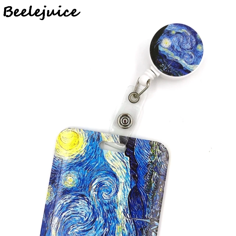 Art Van gogh Oil Painting Starry Sky ID Retractable Badge Holder Reel ID Badge Holder Clip Key Ring ID Card Keychain Nurse Work