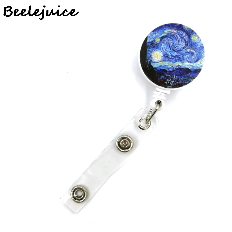 Art Van gogh Oil Painting Starry Sky ID Retractable Badge Holder Reel ID Badge Holder Clip Key Ring ID Card Keychain Nurse Work