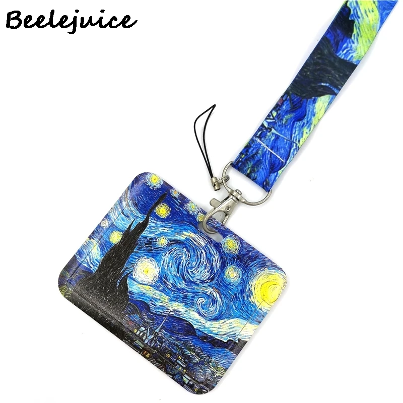 Art Van gogh Oil Painting Starry Sky ID Retractable Badge Holder Reel ID Badge Holder Clip Key Ring ID Card Keychain Nurse Work