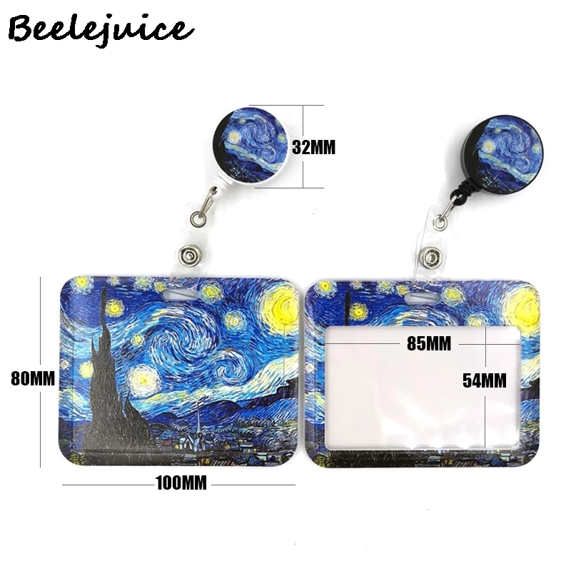 Art Van gogh Oil Painting Starry Sky ID Retractable Badge Holder Reel ID Badge Holder Clip Key Ring ID Card Keychain Nurse Work