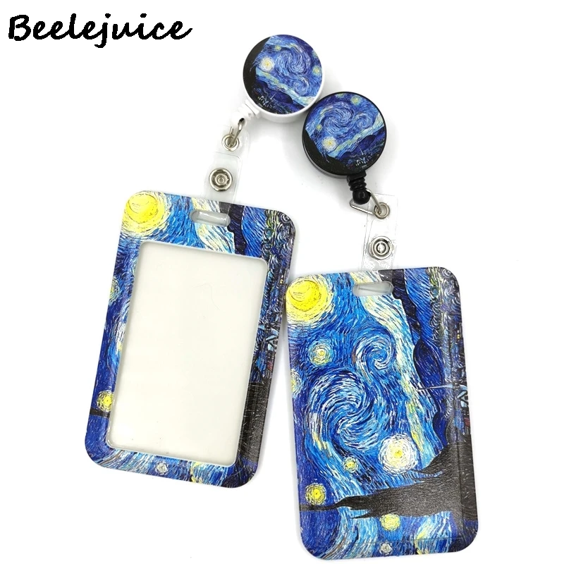 Art Van gogh Oil Painting Starry Sky ID Retractable Badge Holder Reel ID Badge Holder Clip Key Ring ID Card Keychain Nurse Work