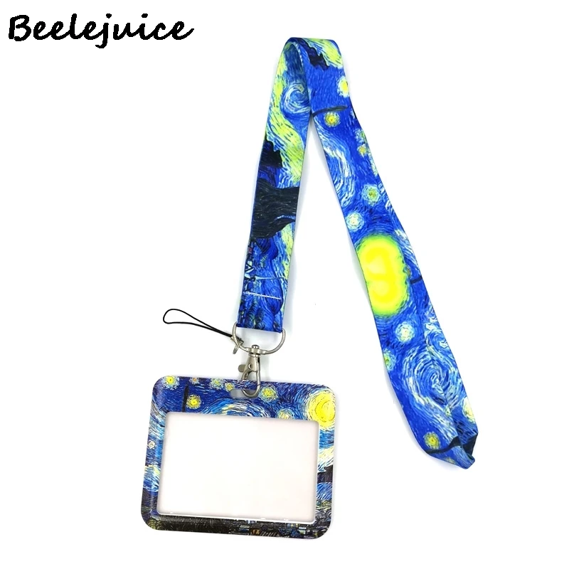 Art Van gogh Oil Painting Starry Sky ID Retractable Badge Holder Reel ID Badge Holder Clip Key Ring ID Card Keychain Nurse Work