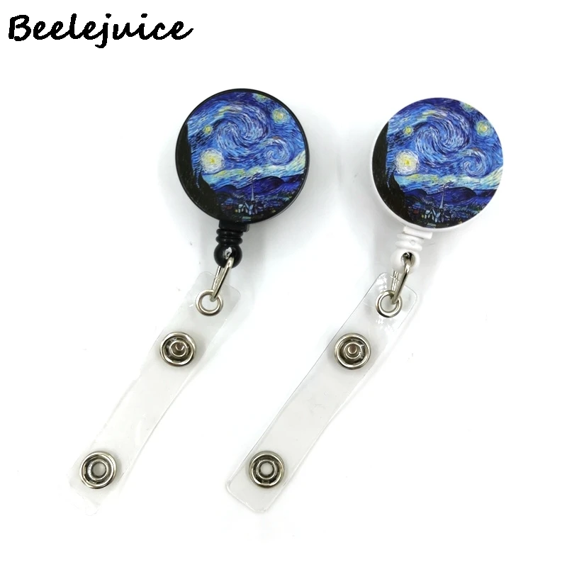 Art Van gogh Oil Painting Starry Sky ID Retractable Badge Holder Reel ID Badge Holder Clip Key Ring ID Card Keychain Nurse Work