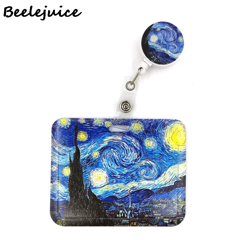 Art Van gogh Oil Painting Starry Sky ID Retractable Badge Holder Reel ID Badge Holder Clip Key Ring ID Card Keychain Nurse Work
