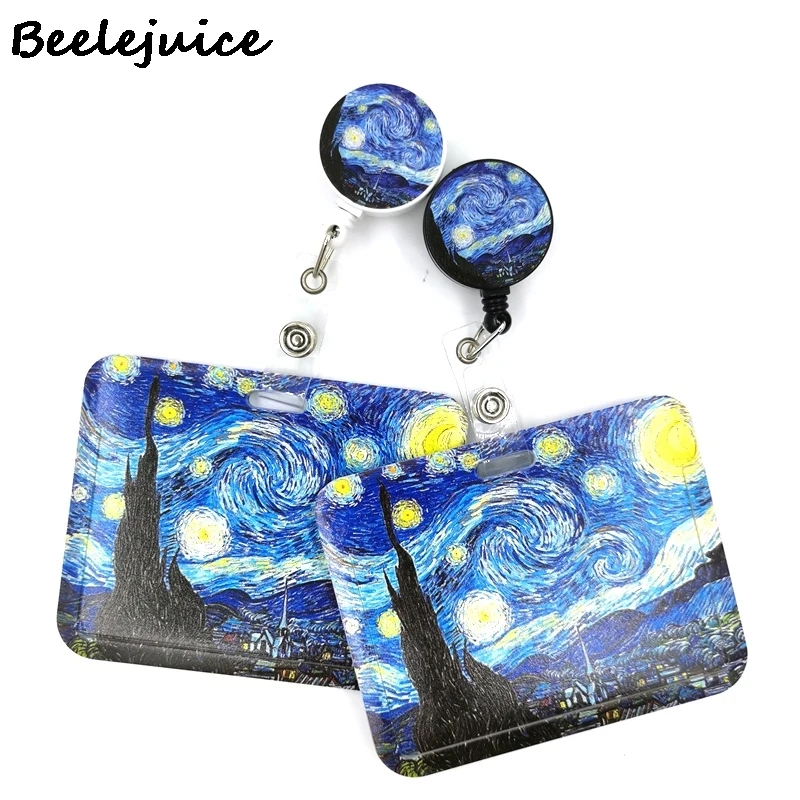 Art Van gogh Oil Painting Starry Sky ID Retractable Badge Holder Reel ID Badge Holder Clip Key Ring ID Card Keychain Nurse Work