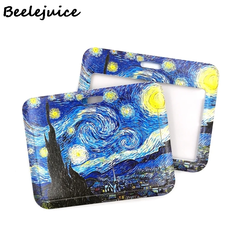 Art Van gogh Oil Painting Starry Sky ID Retractable Badge Holder Reel ID Badge Holder Clip Key Ring ID Card Keychain Nurse Work