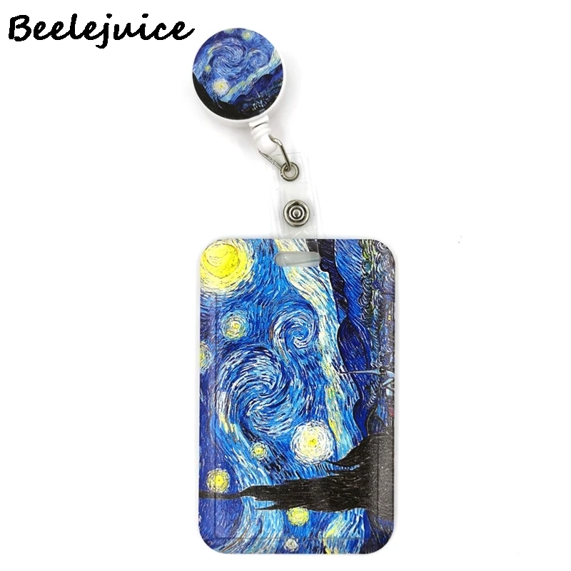 Art Van gogh Oil Painting Starry Sky ID Retractable Badge Holder Reel ID Badge Holder Clip Key Ring ID Card Keychain Nurse Work