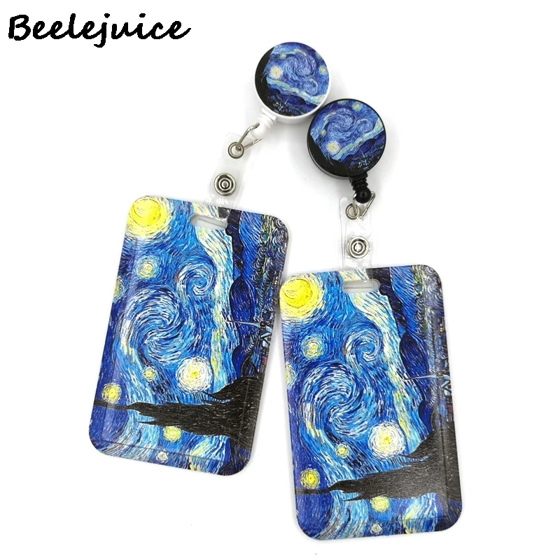 Art Van gogh Oil Painting Starry Sky ID Retractable Badge Holder Reel ID Badge Holder Clip Key Ring ID Card Keychain Nurse Work