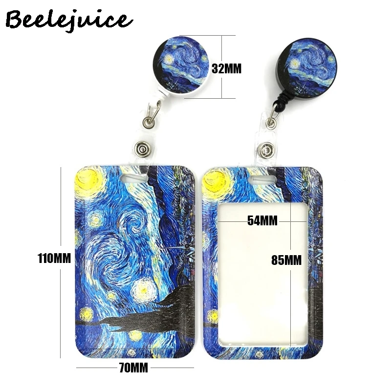 Art Van gogh Oil Painting Starry Sky ID Retractable Badge Holder Reel ID Badge Holder Clip Key Ring ID Card Keychain Nurse Work