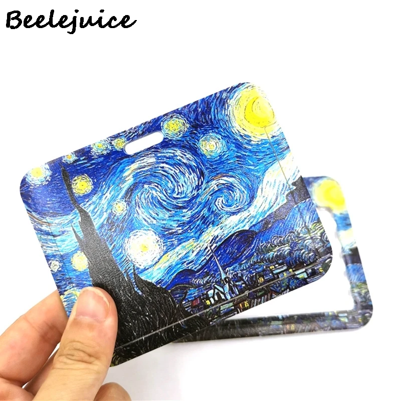 Art Van gogh Oil Painting Starry Sky ID Retractable Badge Holder Reel ID Badge Holder Clip Key Ring ID Card Keychain Nurse Work