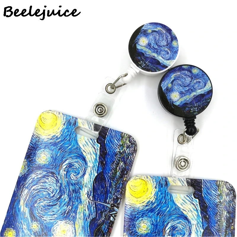 Art Van gogh Oil Painting Starry Sky ID Retractable Badge Holder Reel ID Badge Holder Clip Key Ring ID Card Keychain Nurse Work