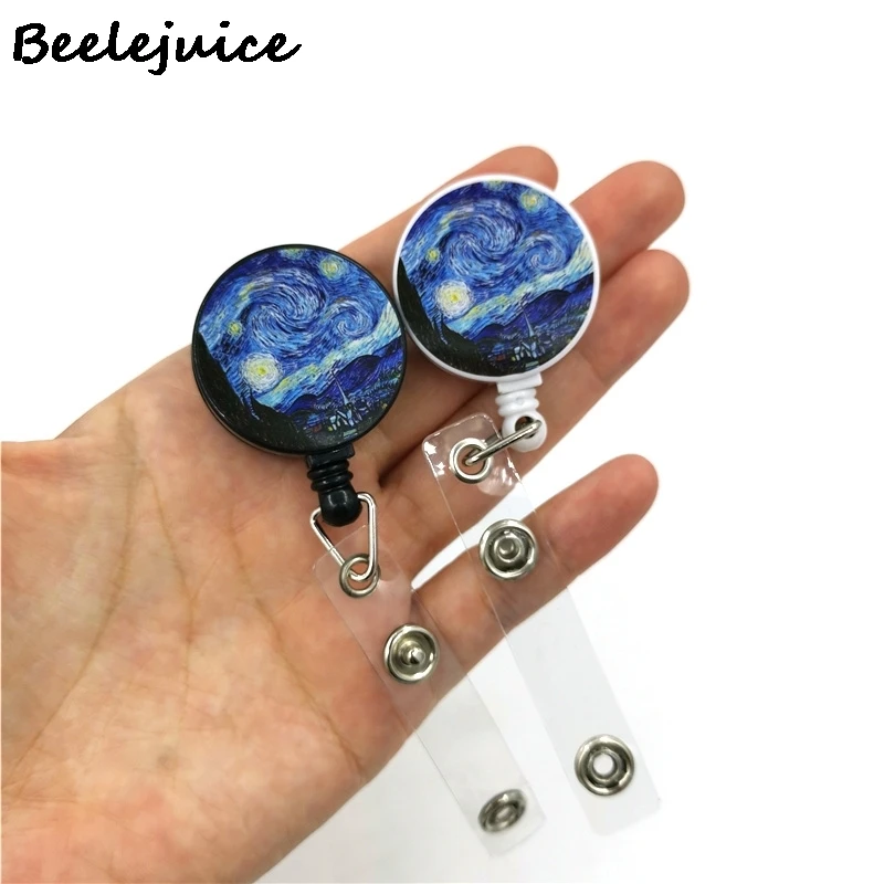 Art Van gogh Oil Painting Starry Sky ID Retractable Badge Holder Reel ID Badge Holder Clip Key Ring ID Card Keychain Nurse Work