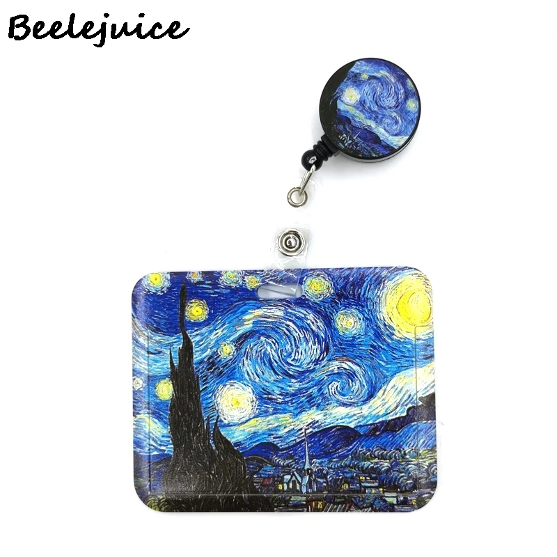 Art Van gogh Oil Painting Starry Sky ID Retractable Badge Holder Reel ID Badge Holder Clip Key Ring ID Card Keychain Nurse Work