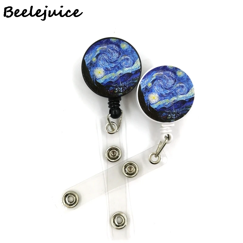 Art Van gogh Oil Painting Starry Sky ID Retractable Badge Holder Reel ID Badge Holder Clip Key Ring ID Card Keychain Nurse Work