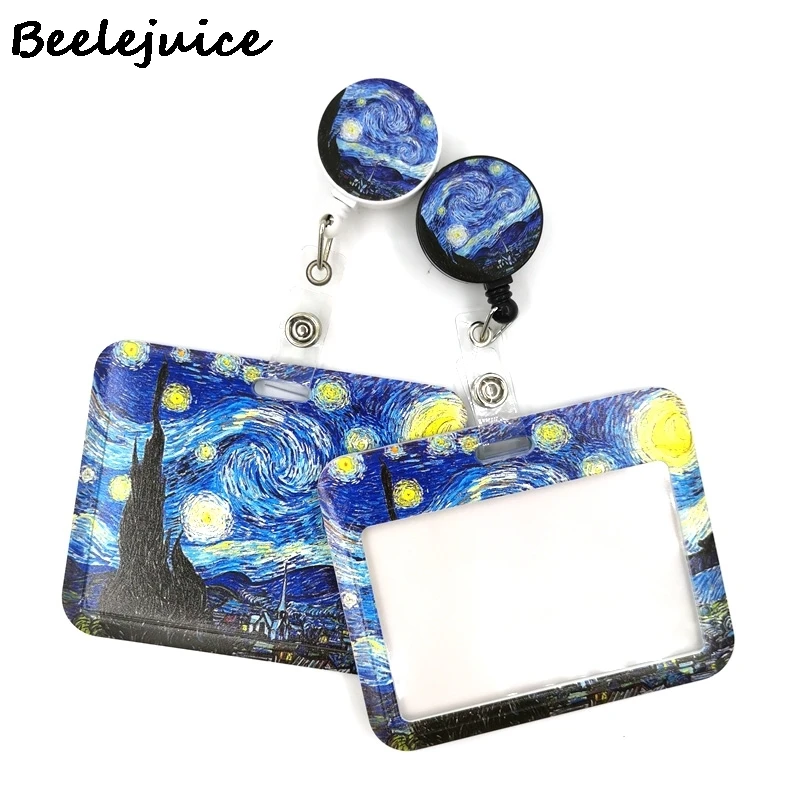 Art Van gogh Oil Painting Starry Sky ID Retractable Badge Holder Reel ID Badge Holder Clip Key Ring ID Card Keychain Nurse Work