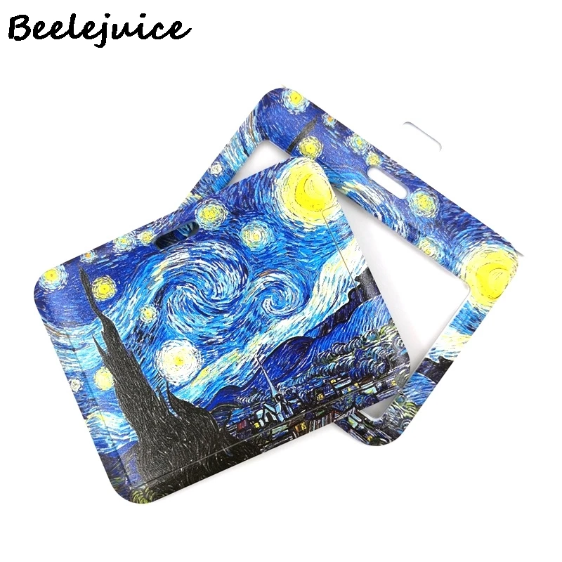 Art Van gogh Oil Painting Starry Sky ID Retractable Badge Holder Reel ID Badge Holder Clip Key Ring ID Card Keychain Nurse Work