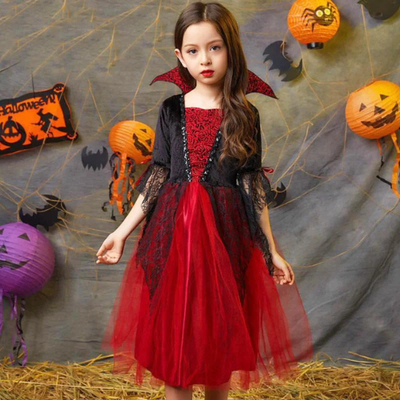 Kids Girl Vampire Devil Character Cosplay Costume Black Red Tulle Gown with Horn Accessory for Halloween Holiday Party